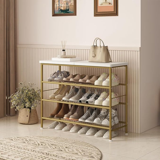SUOERNUO Shoe Rack Organizer 4 Tier for Closet Entryway Free Standing Metal Storage Shoe Shelf with MDF Top Board,Gold