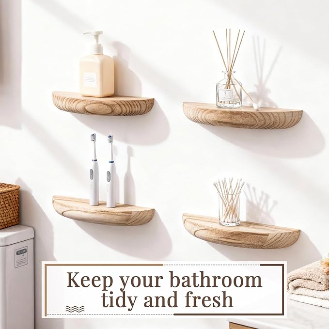 4 Pcs Solid Wood Half Round Floating Wall Shelves, Elegant Floating Wooden Shelves, 8.27 Inch Wall Shelf for Living Room, Bathroom, Bedroom, Offices, Pictures Plant Book(Light Brown)