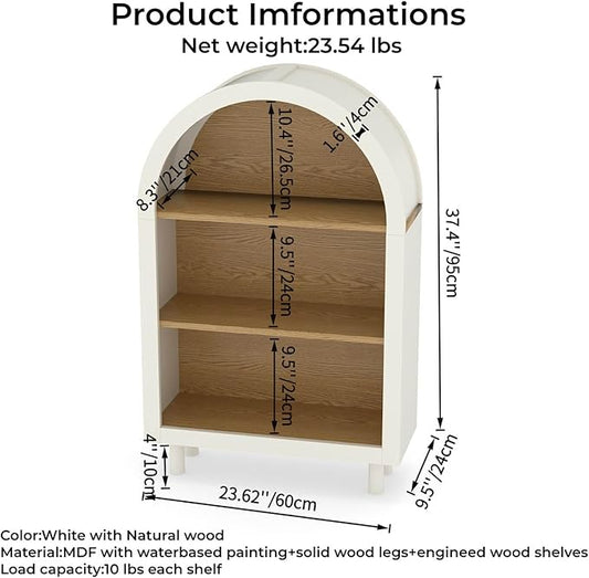 3-Tier Arched Bookcase,Modern Low Short Bookshelf,Small Wood Open Display Shelf,Arched Storage Cabinet for Living Room,Bedroom,Home Office,White