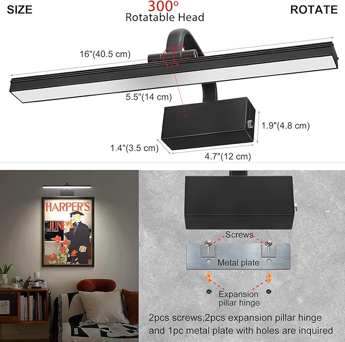 Picture Light,Picture Lights for Wall Cordless,16" Picture Lights with Timer and Dimmable,Battery Wall Lights for Display Gallery Painting Art Frame Portrait-L Black