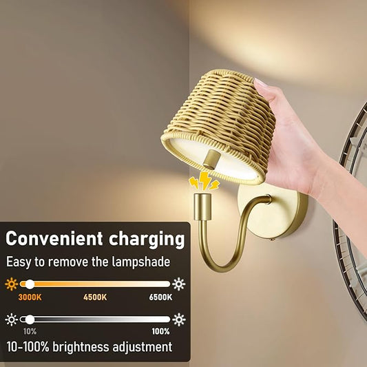 Battery Operated Wall Sconce Set of 2, Rechargeable Wireless Rattan Wall Sconces with Dimmable Detachable Magnetic Bulbs and Remote, 3 Colors Wall Lights for Bedroom Living Room Hallway