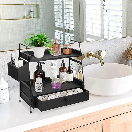 Coffee Bar Accessories and Organizer Countertop, Coffee Station Organizer 2 Tier Counter Shelf with Drawer, Condiment Storage Cup Lid Holder Countertop Shelf for Bathroom,Kitchen