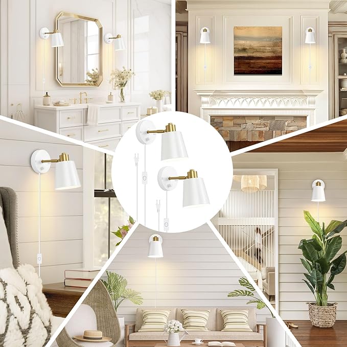 Dimmable Wall Sconces Set of 2, Adjustable Angle Wall Lights with Plug in Cord and Dimmer On/Off Knob Switch, Hardwired Indoor White Wall Lamp for Bedside Bedroom Bathroom (2 Bulbs Included)