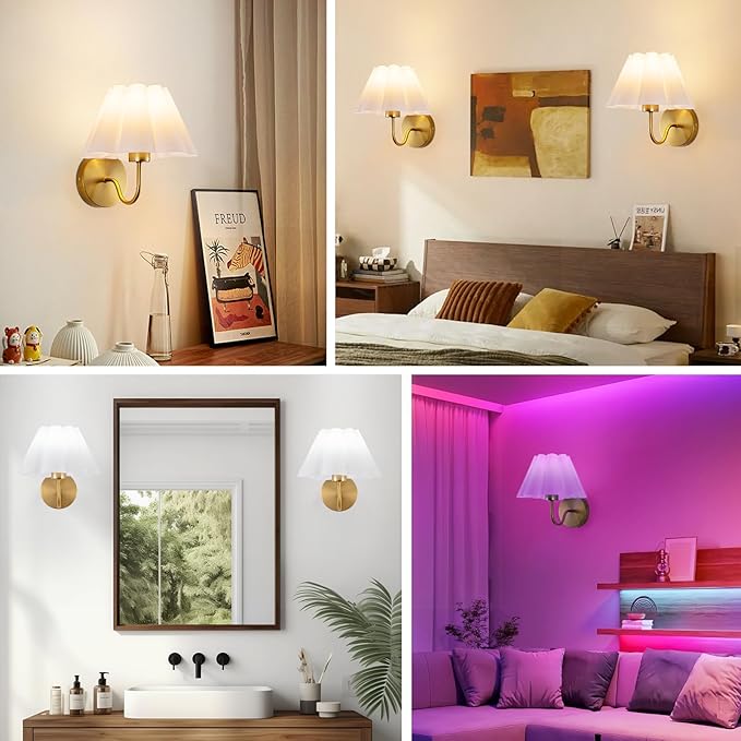 Battery Operated Wall Sconces Sets of 2, Indoor not Hardwired White Fabric lampshade Fixtures,Rechargeable Wireless 10 Colors Wall Lights with Dimmable Remote Control