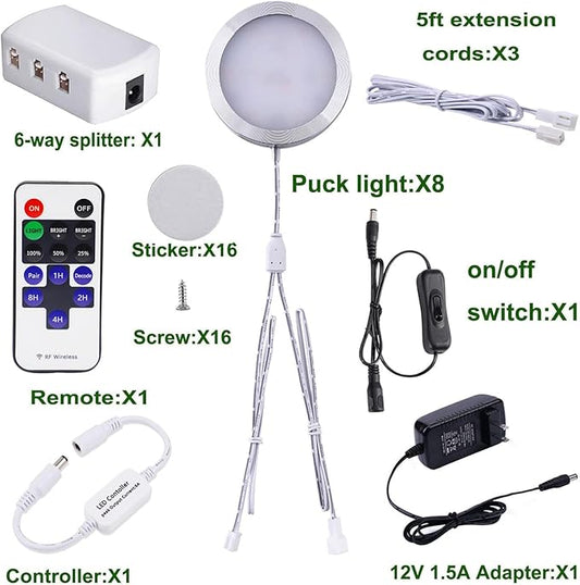 AIBOO Linkable Under Cabinet LED Lighting 12V Slim Aluminum Dimmable Puck Lights with RF Remote Control & UL Listed Plug for Display Bookshelf Lighting(8 Lights, Daylight White)