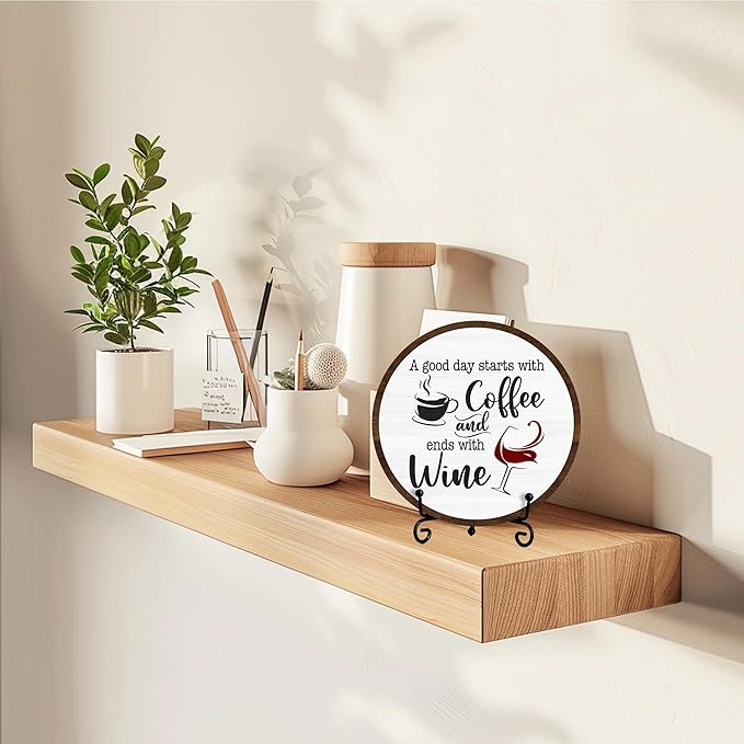 Coffee And Wine Desk Decor Sign, Rustic Funny Wooden Box Plaque, A Good Day Starts With Coffee And Ends With Wine Wood Sign, Decor For Home Kitchen Table Top, Wooden Round With Stand-20