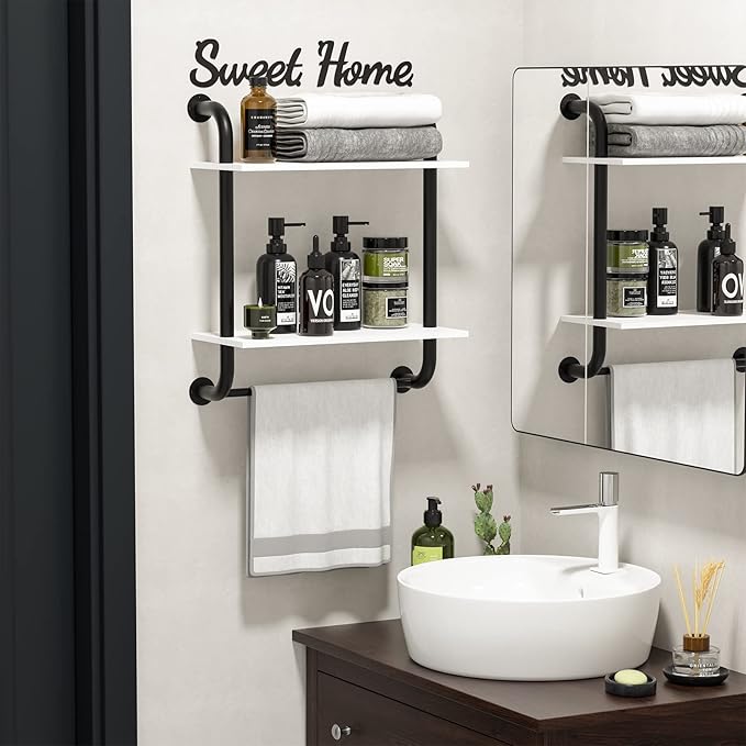 Bathroom Shelves Wall Mounted, Rustic Farmhouse Pipe Shelves 2-Tier, Floating Shelf Wall Decor for Bathroom, Kitchen, Bedroom, Living Room Thanksgiving Day 17.3in White