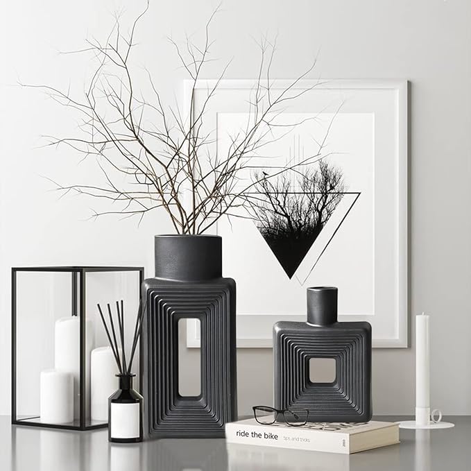 Black Ceramic Vase Set of 2,Square Vase Rustic Home Decor Minimalist Nordic Boho Style for Living Room, Shelf, Table, Bookshelf, Mantel and Entryway Decor Vases