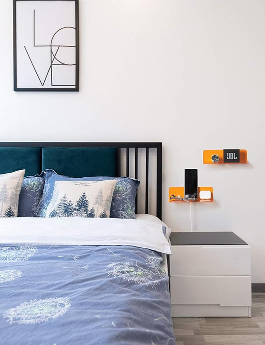 OAPRIRE Small Acrylic Floating Wall Shelves Set of 2, Flexible Use of Wall Space, 9 Inch Adhesive Display Shelf for Security Cameras/Smart Speaker/Action Figures, with Cable Clips - Clear Orange