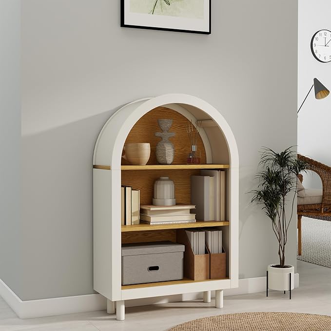 3-Tier Arched Bookcase,Modern Low Short Bookshelf,Small Wood Open Display Shelf,Arched Storage Cabinet for Living Room,Bedroom,Home Office,White