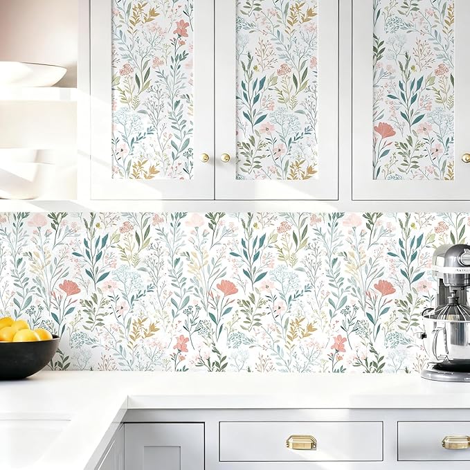 Floral Peel and Stick Wallpaper Boho Floral Contact Paper 16.9" x 196.8" Modern Wildflower Self Adhesive Wallpaper for Bathroom Flower Decorative Removable Wall Paper for Bedroom Cabinets