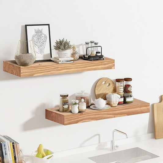 17x8x1.6 inch Floating Shelves Set of 2 – Solid Wood Rustic Oak Wall Mounted Shelf for Kitchen, Bathroom, Living Room