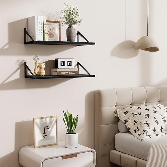 Deep Floating Shelves,24" Wx10 D Floating Shelf for Wall Set of 2,Hanging Storage Shelf with Metal Brackets,Wide Display Wall Shelves for Living Room,Bedroom,Bathroom,Kitchen,Black