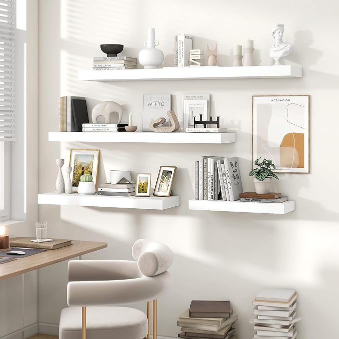 Heimlove 36 Inch Floating Shelves for Wall,Thicker and Deeper Wall Shelves Mounted Storage & Display Wood Shelf,Hanging Shelf for Bedroom Living Room Kitchen Office,Set of 2,White