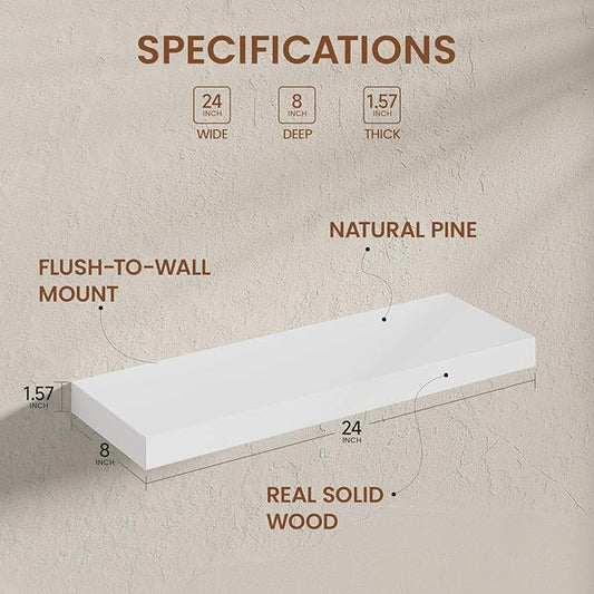 Heimlove 24 Inch Floating Shelves for Wall White Shelves Set of 2,Wall Mounted Rustic Wood 8 Inch Deep Floating Shelf with Invisible Brackets for Bedroom Kitchen Living Room