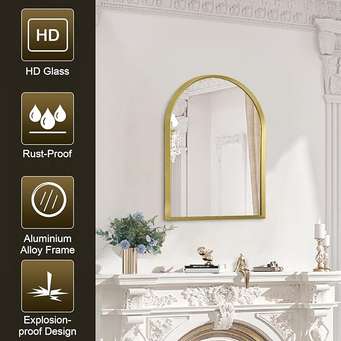 Arch Bathroom Mirror, Metal Frame Vanity Mirror, Dresser Mirror, Arch Decorative Mirrors for Living Room Bedroom Entryway Mantle 16"x12"