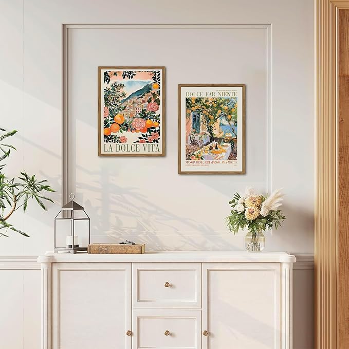 Italy Travel Wall Art Set of 3, Amalfi Coast Wall Decor, Trendy Italian Food Kitchen Poster Canvas Prints, Vintage City Landscape Artwork for Dining Room Living Room 12x16 inch Wood Framed