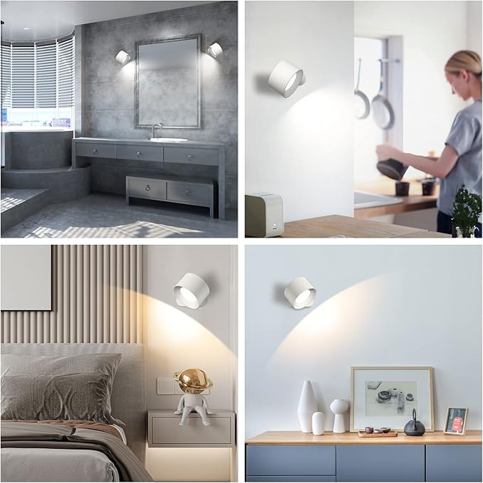 Battery Operated Wall Light, LED Lamp with 360° Adjustable Lighting Indoor 3 Color Modes Brightness Levels Touch Control, Mounted for Bedroom Reading Bedside - 1 Pack White