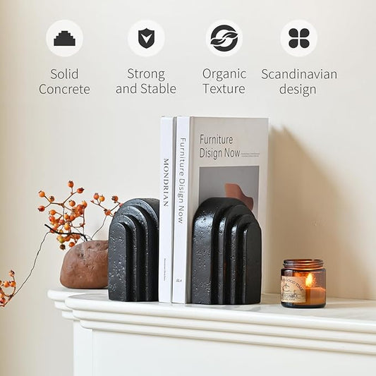 Decorative Bookends for Shelves, Set of 2 Book Ends for Heavy Books, Layered Arch Design Black Bookend