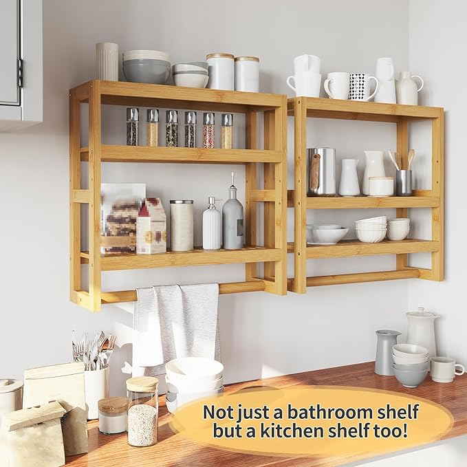 Bathroom Shelves with Hanging Bar Over Toilet Storage - Adjustable Wall Organizer (Natural)