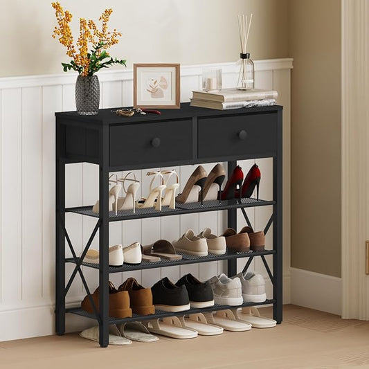 4 Tier Shoe Rack, Large Capacity Shoe Storage Organizer, Metal Shoe Shelf with Drawer and Wooden Top, for 16 Pairs of Shoes, for Entryway, Closet, Black SS24BB