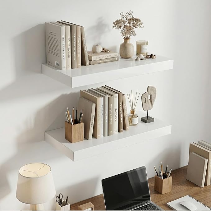 INHABIT UNION 20in Floating Shelves for Wall, Wall Mounted Shelves for Decor Storage Set of 2, Floating Shelf for Bedroom, Bathroom, Living Room and Kitchen(White)