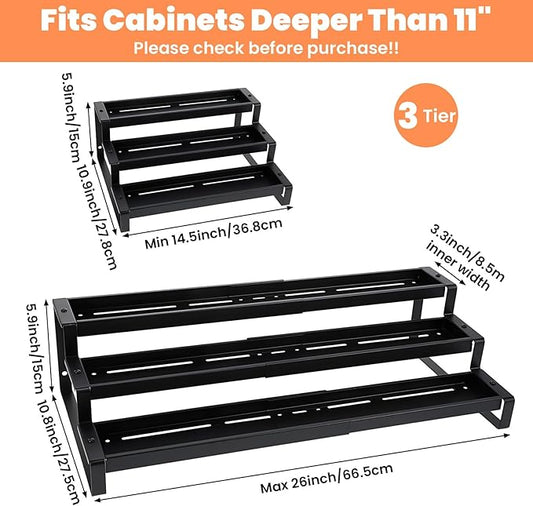 Spice Rack Organizer for Cabinet, Expandable 3 Tiered Spice Rack, Metal Spices Organizer, Display Shelf Organizers for Cabinet, Countertop, Pantry, Cupboard (Black)