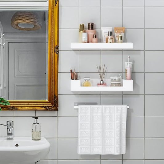 HIIMIEI Bathroom Shelves Wall Mounted: White Floating Shelf with Hand Towel Bar, 14.9in Acrylic Hanging Shelves Over Toilet, Set of 3 Bathroom Organizers Rack for Skin Care, Perfume, Lotion Storage