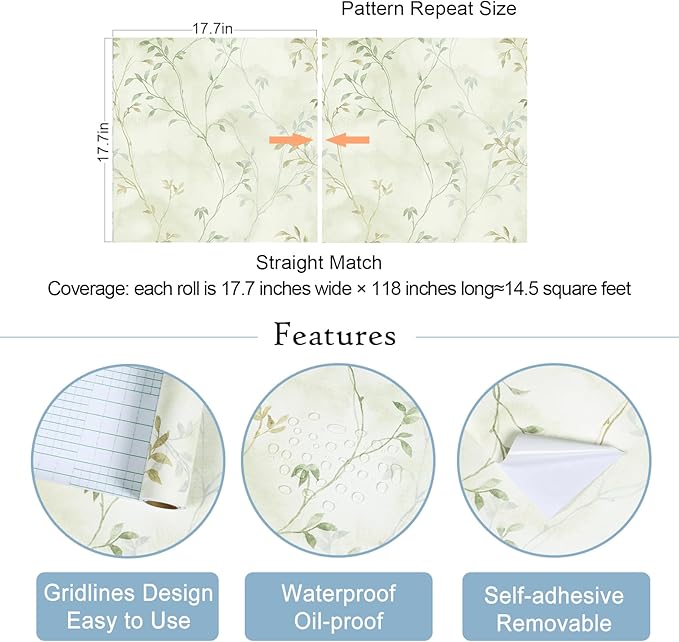 VaryStyle Light Green/Yellow Tree Branches Wallpaper Foggy Tree Twigs Leaf Peel and Stick Wallpaper Vintage Contact Paper for Cabinets Walls 17.7"x118" Self Adhesive Vinyl Roll for Bedroom Bathroom