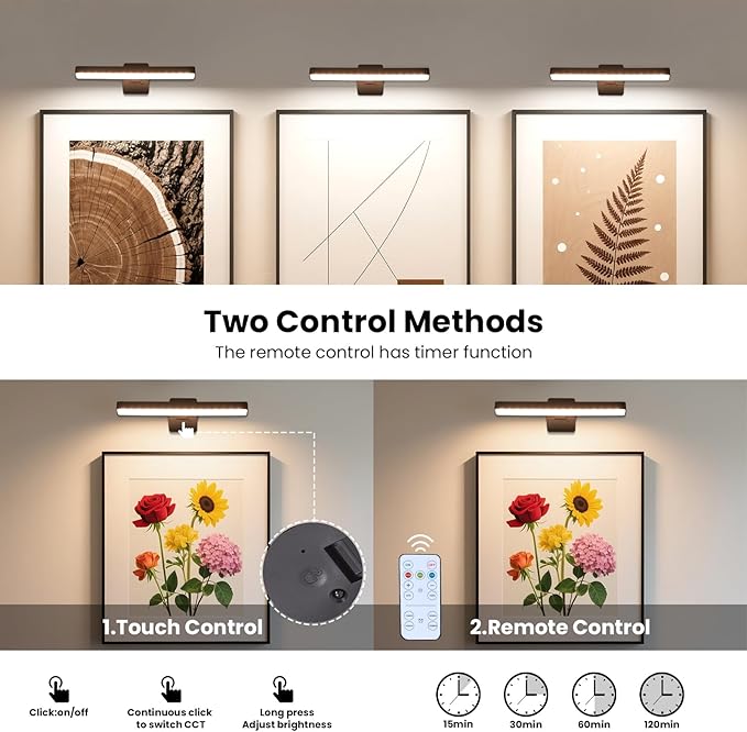 Battery Operated Picture Lights for Wall, Black Wireless Art Light for Paintings, Rechargeable Display Light for Picture with Remote, 3 Color Poster Lights for Portraits Frame Wall Decor (2 Pack)