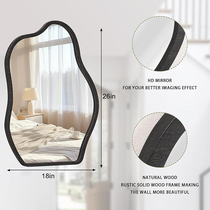 Asymmetrical Irregular Mirror for Wall Wooden Framed Hanging Wall Mirror Cloud Modern Unique Bathroom Wall Mirror Decorative Bedroom Living Room Entryway Hallway Artistic Hanging Mirror
