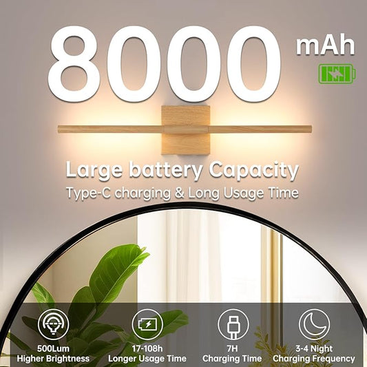Battery Operated Wall Sconce Set of 2, 8000mAh Rechargeable Wall Sconces, 3000K-6000K Dimmable, 350°Rotate, Indoor Wall Lights for Bedroom Living Room, Original Wood, 23.6 Inch