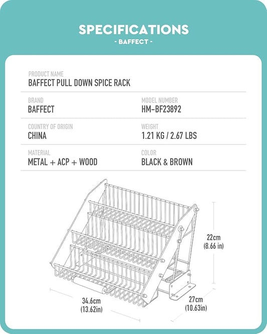 Baffect 3 Tiers Pull Down Spice Rack, Pull Out Spice Organizer for Inside Cabinets, Drop Down Spice Shelf with Spring Buffer Device for Kitchen Upper Cabinet(Black)