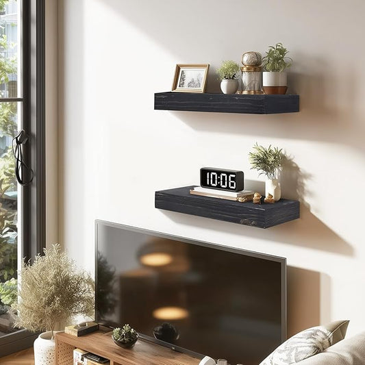 17x6.8x2 Inch Rustic Floating Shelves for Wall Set of 2 - Black Solid Wood Wall Mounted Shelves with Invisible Bracket, Compact Design for Farmhouse Living Room Bedroom Kitchen Decor