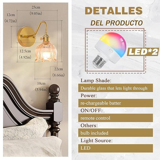Vintage Battery Operated Wall Sconces Set of 2, Rechargeable Gold Wall Lamp with Remote Control, Amber Glass Lampshade Cordless Wall Sconce Fixtures for Bedroom, Living Room, Bedside