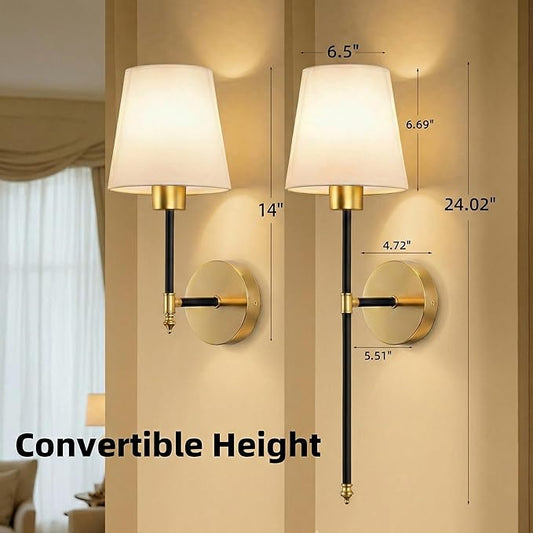 Wall Sconces Battery Operated Set of 2, Rechargeable Wall Sconce, 10 Colors Wireless Wall Sconces Set of Two, 5200mAh Dimmable Bulbs and Remote, for Bedroom Living Room, Hallway (Black-Gold - 24 inch)
