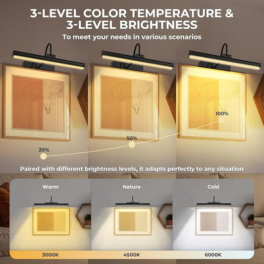 13'' Picture Light for Wall, 5200 mAh Battery Operated Picture Light with Remote & Timer for Wall Art - 3 CCT Dimmable LED, Matte Black Finish