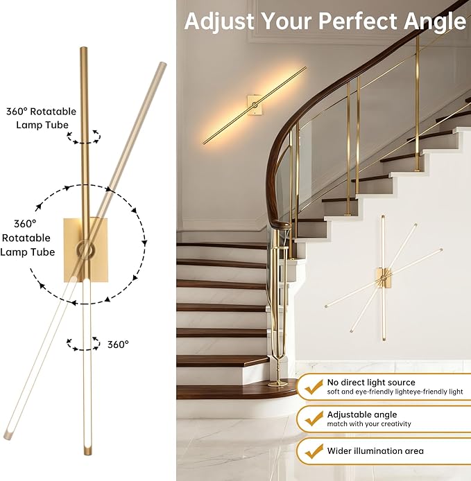 Battery Operated Wall Sconce Set of 2, 10000mAh Rechargeable Wall Sconces with Detachable Battery, Indoor 350°Rotate Wall Lights for Bedroom Living Room, Gold, 31.5 Inch