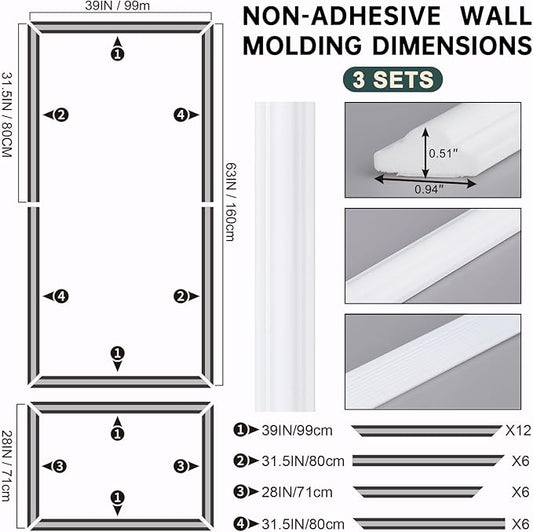 Melkus Wall Molding 3 Set Premade Wainscoting Panels for Interior Wall Décor Installed with Construction Glue Wainscoting Accent Panel (Top 63x39 in+Bottom 28x39 in) Style 2