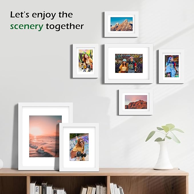 FrameWorks 7-pc Set Collage Wall Classic Wooden Picture Frames Tempered Glass/White / 1-11"x14", 2-8"x10", 4-5"x7"