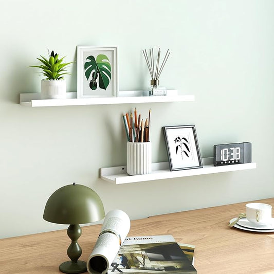 White Floating Shelves for Wall Decor, Long Wall Mounted Storage Shelf for Bedroom, Living Room, Bathroom, Kitchen, Nursery, Display Picture Ledge Shelf with Lip Set of 2-24 Inches, White
