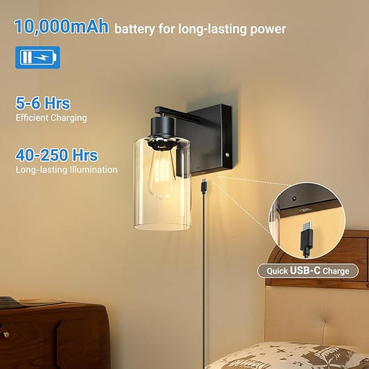 Kimjo Battery Operated Wall Sconce with Remote, USB Rechargeable Wireless Wall Light with Dimmable Bulb and Glass Shade, Wall Decor for Bedroom Bathroom Hallway