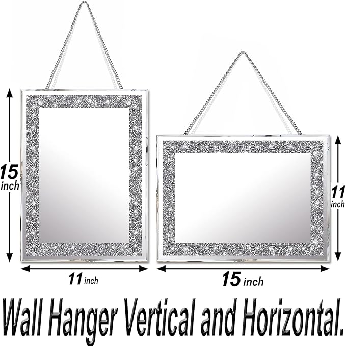 2 Piece Wall Mirrors, Crush Diamond Wall Décor Silver Decorative Mirrors for Living Room , Bedroom, Bathroom. (11”x15”)