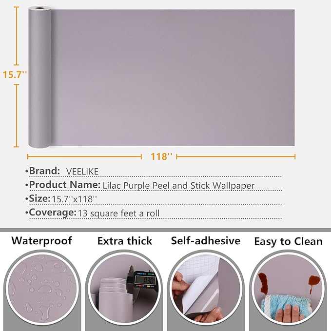 VEELIKE 15.7''x118'' Thick Lilac Purple Wallpaper Peel and Stick Light Purple Contact Paper Self Adhesive Decorative Vinyl Wall Paper Removable Temporary Wallpaper for Cabinets Walls Shelf Girl's Room