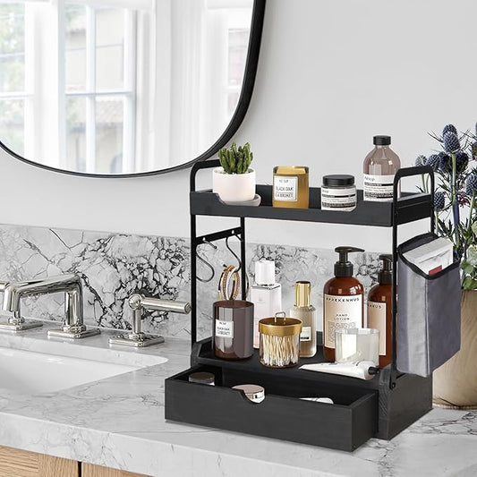 Coffee Bar Accessories and Organizer, 2-Tier Coffee Station Organizer, Wood Kitchen Countertop Organizer with Bag and Hooks, Coffee Pod Holder for Coffee Bar Decor, Syrup Snack Organizer