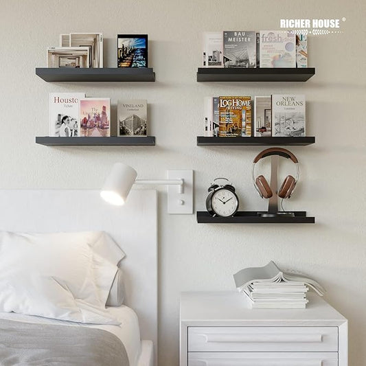 RICHER HOUSE 5 Set Floating Wall Mounted Shelves, Black Shelves for Wall Decor, Modern Picture Ledge Shelf with Lip for Storage, Nursery, Bedroom, Living Room, Bathroom - Black (Pack of 2)