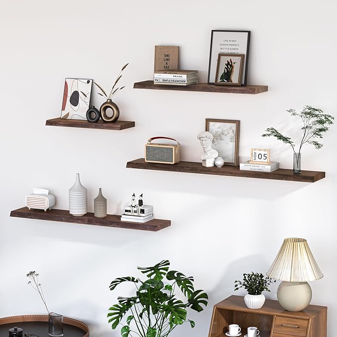 Fun Memories Floating Shelves for Wall, 55"x9.3" Rustic Solid Live-Edge Elm Wood Wall Shelves, Heavy-Duty Floating Shelves with Invisible Brackets for Living Room, Bedroom, and Kitchen, Walnut Finish