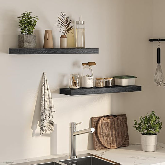 Floating Shelves for Wall, 31.5" W x 6.7" D x 1.5" H, Wooden Wall Mounted Display Shelves with Invisible Brackets for Living Room, Bedroom, Bathroom, Kitchen Decor and Storage, Set of 2, Black