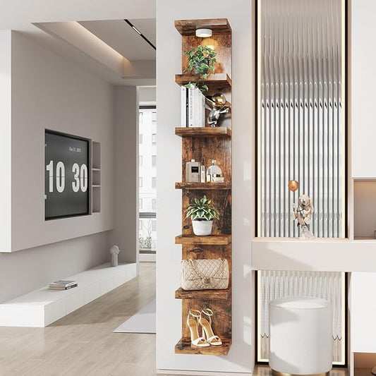 7-Tier Wall Shelf Unit with USB Rechargeable Led Light (Remote Controlled),Versatile Floating Display Shelves,Lack Style Wall Shelves for Bedroom,Living Room,Office Decor,Vanity-Rustic Brown