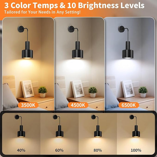VerRon Rechargeable Battery Operated Wall Sconce Set of Two, Black Wireless Battery Powered Lights with Dimmable Detachable Bulbs & Remote, Modern Sconces Wall Decor for Bedroom Living Room Hallway